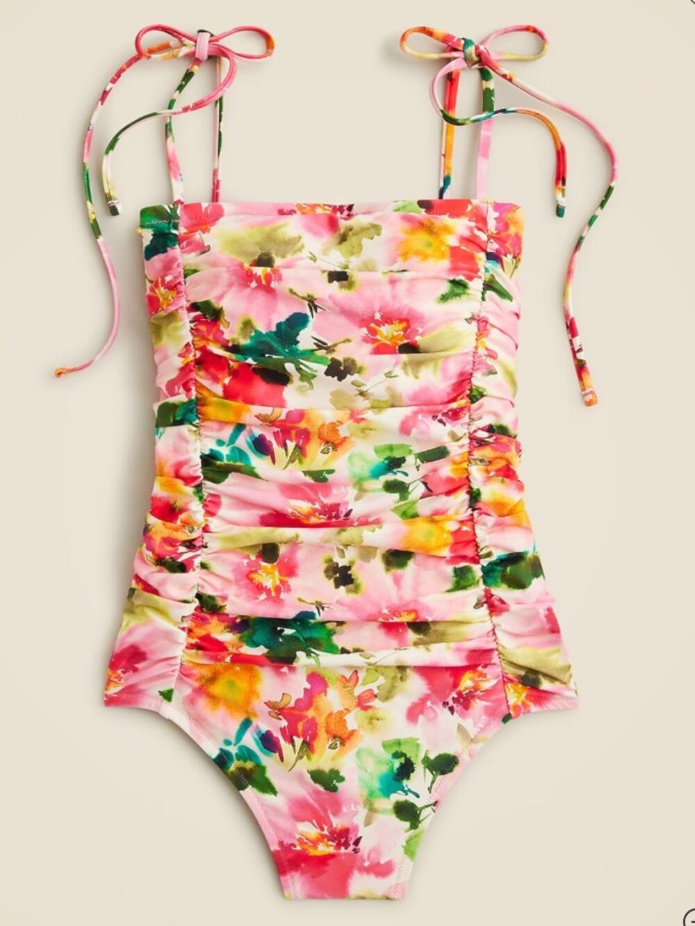 J. Crew Ruched Tie Shoulder Floral One apiece Swimsuit size 10 Pink Green